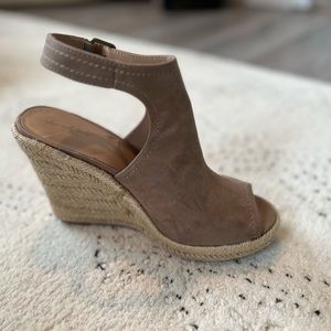 Beige faux suede wedge espadrilles, size 8.5